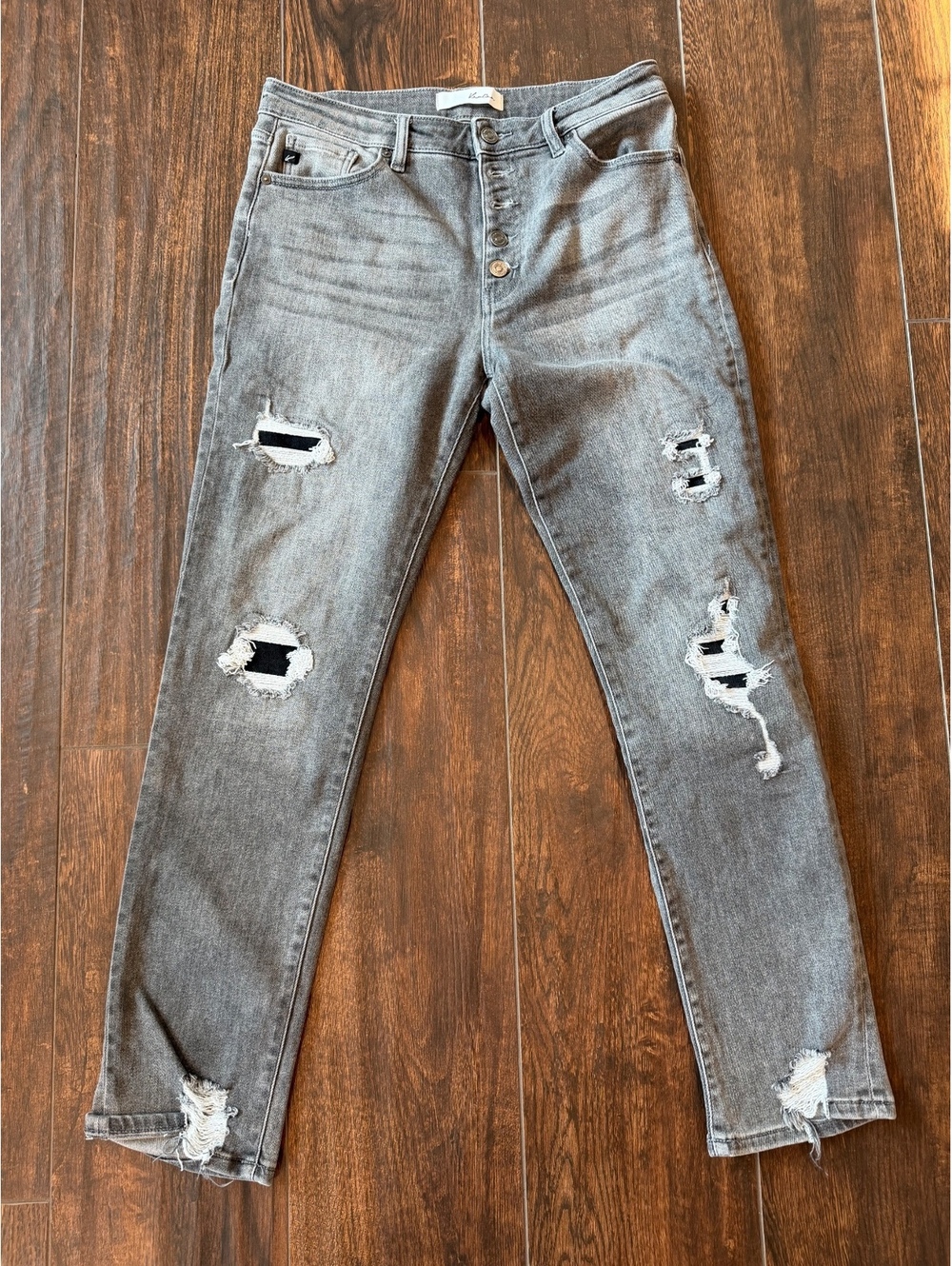 KanCan Gray Distressed Skinny Jeans with Black Patch Details